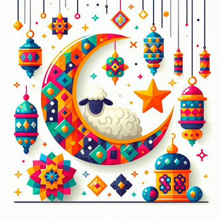 Ramadan Kareem greeting card with crescent moon, sheep and stars. Vector illustration.のイラスト素材