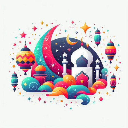 Ramadan Kareem. Colorful illustration with mosque, moon and lanterns.のイラスト素材