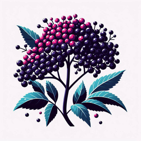 Bunch of black elderberry with leaves and berries. Vector illustration.のイラスト素材
