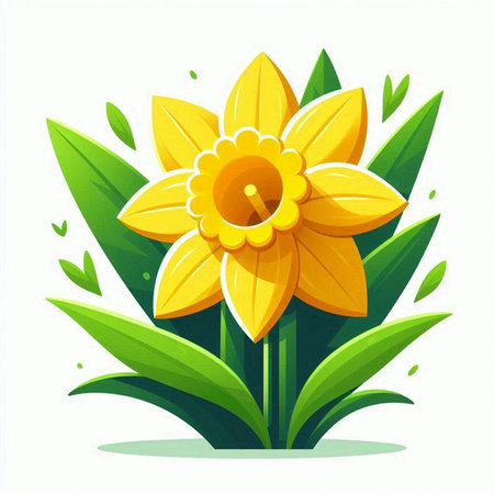 Yellow narcissus flower with green leaves isolated on white background. Vector illustration.のイラスト素材