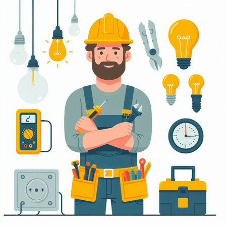 Electrician. Electrician in a helmet with tools. Vector illustrationのイラスト素材