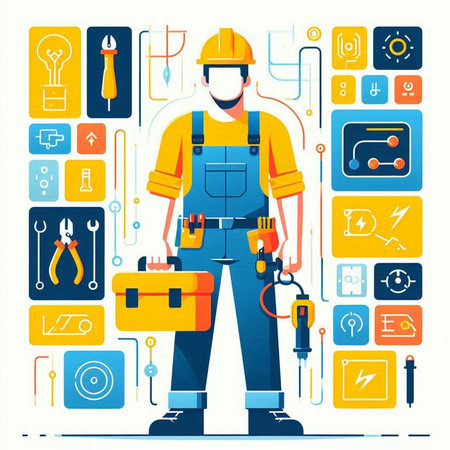 Repairman in uniform and helmet with tools. Vector illustration.のイラスト素材