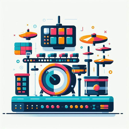 Colorful flat vector illustration of modern music instruments and equipment. Music conceptのイラスト素材