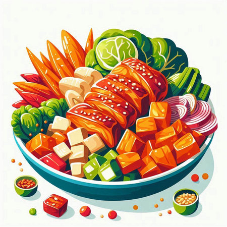 Vector illustration of a bowl with vegetables and tofu. Healthy food.のイラスト素材