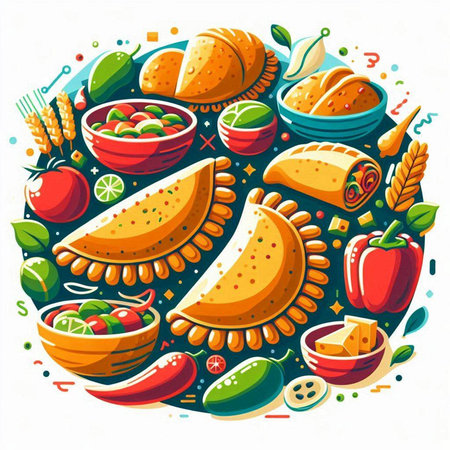 Vector illustration of traditional mexican food on white background. Colorful vector illustration.のイラスト素材