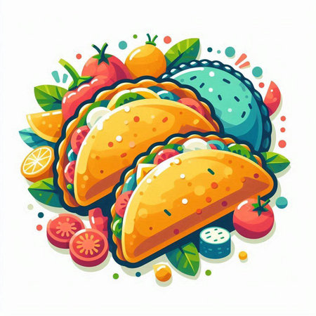 Mexican tacos with vegetables and fruits on white background. Vector illustration.のイラスト素材