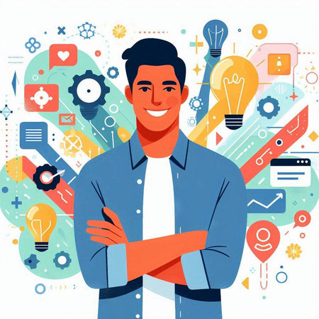 Vector illustration of a young man with a beard and a light bulb in his handsのイラスト素材