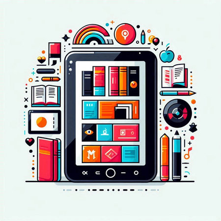 Tablet pc with books and other school supplies. Vector illustration.のイラスト素材
