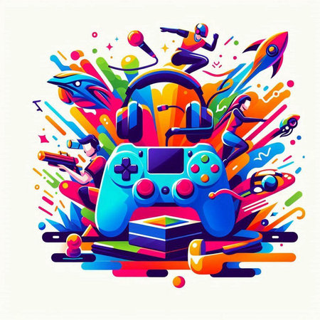 Retro video game colorful vector illustration with headphones, joysticks and gamepadのイラスト素材