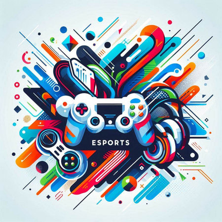 Retro video game controller on abstract colorful background. Vector illustration.のイラスト素材