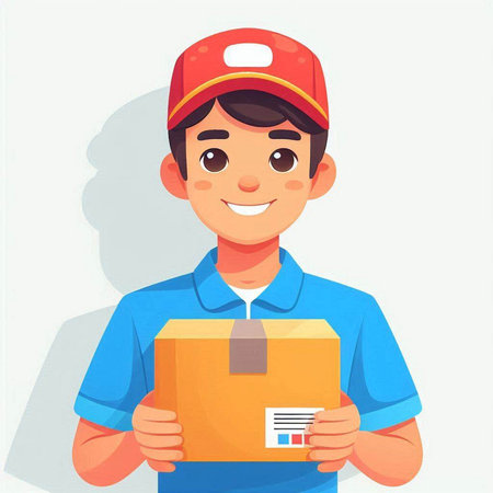 Smiling delivery man in uniform holding parcel box. Delivery service concept. Vector cartoon illustrationのイラスト素材