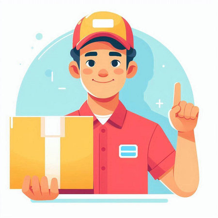 Courier with parcel in hand. Delivery service. Vector illustrationのイラスト素材