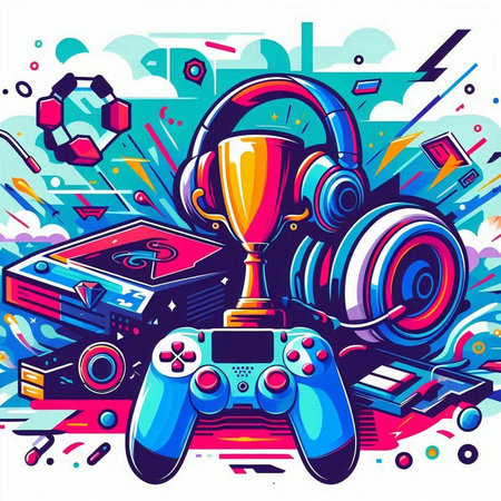Vector illustration of a gamepad, headphones and a cup on a colorful backgroundのイラスト素材