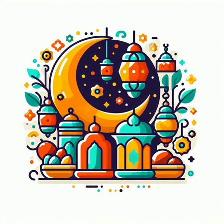Ramadan Kareem greeting card with mosque, moon and lanternsのイラスト素材