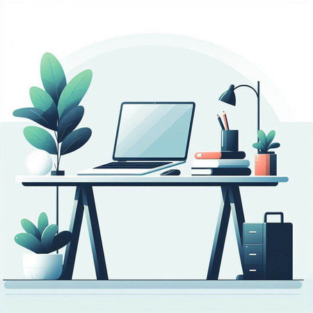 Office workplace with laptop, stationery and plant in pot. Vector illustrationのイラスト素材
