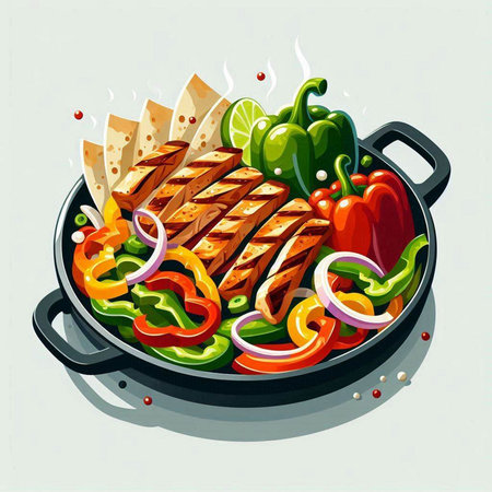 Grilled meat with vegetables in a frying pan. Vector illustration.のイラスト素材
