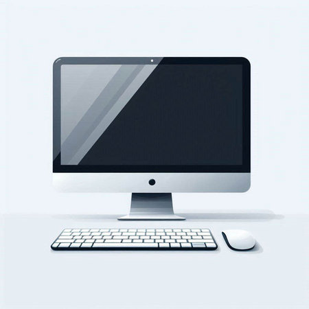 Computer monitor with keyboard and mouse on white background. Vector illustration.のイラスト素材