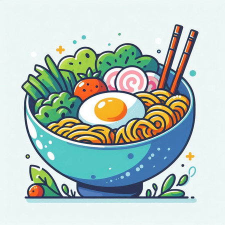 Bowl of noodle with fried egg and vegetables. Vector illustration.のイラスト素材