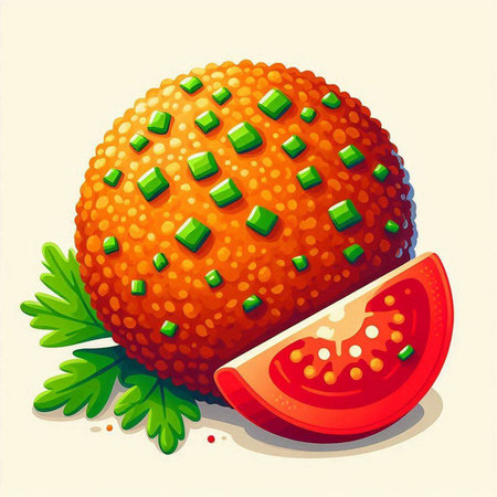 Illustration of a fresh tomato with parsley and a slice of tomatoのイラスト素材