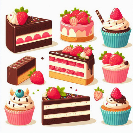 Set of different cakes. Vector illustration isolated on a white background.のイラスト素材