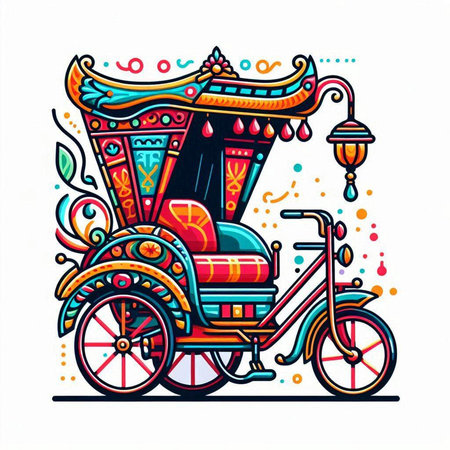 Vintage colorful trishaw, hand drawn vector illustration on white backgroundのイラスト素材