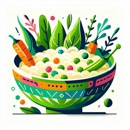 Millet porridge in a bowl with vegetables and herbs. Vector illustration.のイラスト素材