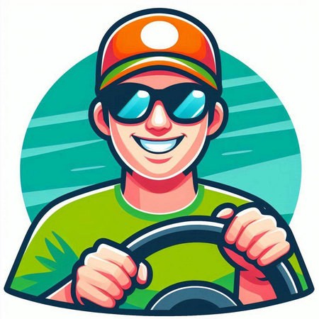 Vector illustration of a man driving a car with a steering wheel.のイラスト素材
