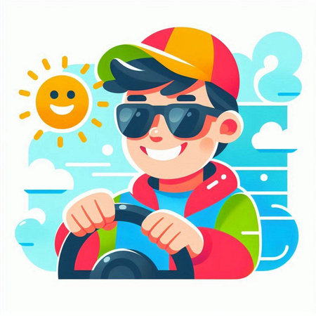 Vector illustration of a young man driving a car on a sunny dayのイラスト素材