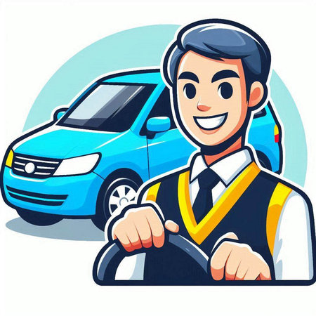 Smiling delivery man in uniform holding a car key. Vector illustration.のイラスト素材