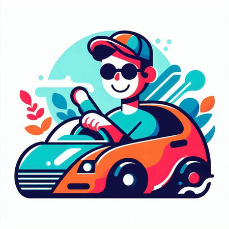 Cute boy driving a car. Vector illustration in cartoon style.のイラスト素材