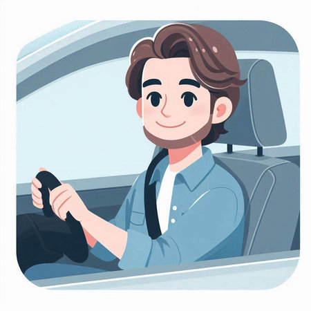 Young man driving a car. Vector illustration in a flat style.のイラスト素材
