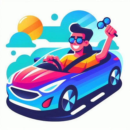 Man driving a sports car. Vector illustration in flat cartoon style.のイラスト素材