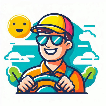 Vector illustration of happy smiling man in helmet and glasses holding steering wheel and smiling at camera.のイラスト素材
