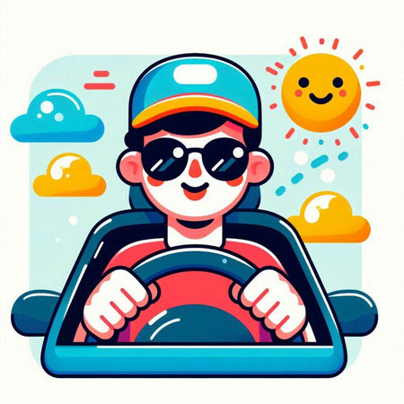 Illustration of a young man driving a car. Vector illustration.のイラスト素材