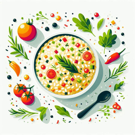 Porridge with vegetables and herbs on a white background. Vector illustration.のイラスト素材