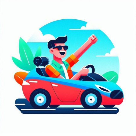 Happy man driving a cabriolet. Vector illustration in cartoon styleのイラスト素材