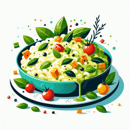 Risotto with tomatoes and olives in a bowl. Vector illustration.のイラスト素材