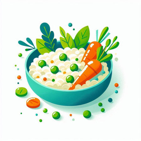 Illustration of a bowl of rice with carrots and green peas.のイラスト素材