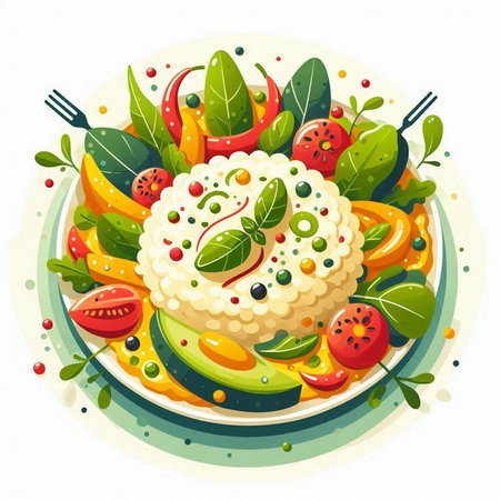 Vegetarian salad with avocado, cherry tomatoes and spinach. Vector illustration.のイラスト素材