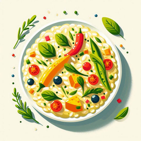 Risotto with vegetables, cheese and greens. Vector illustration.のイラスト素材