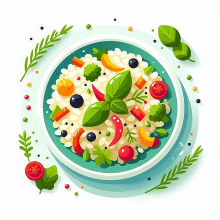 Rice with vegetables and herbs in a plate. Vector illustration.のイラスト素材