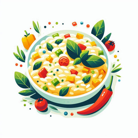 Risotto with vegetables and cheese in a bowl. Vector illustration.のイラスト素材