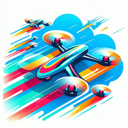 Illustration of a flying drone on a background of colorful clouds.のイラスト素材