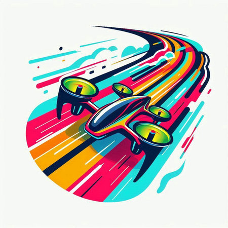 Drone flying over the road. Vector illustration on white background.のイラスト素材