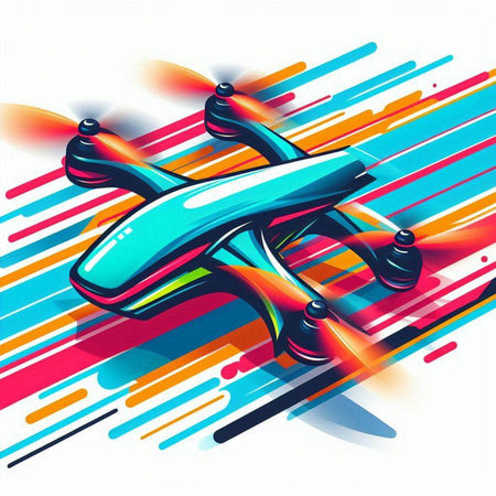 Vector illustration of flying drone on colorful background. Clip-art.のイラスト素材