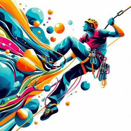 illustration of a man climbing a wall with colorful lines and bubblesのイラスト素材