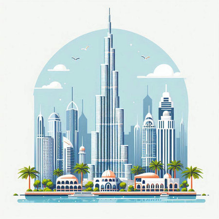 Dubai skyline with skyscrapers and palm trees. Vector illustration.のイラスト素材