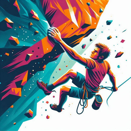 Rock climber climbing up a wall. Extreme sport concept. Vector illustration.のイラスト素材