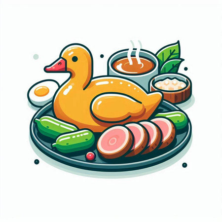 Illustration of a duck on a plate with vegetables and sauce.のイラスト素材