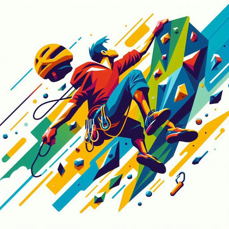 Extreme sport vector illustration. Man climbing on the wall with helmet and rope.のイラスト素材